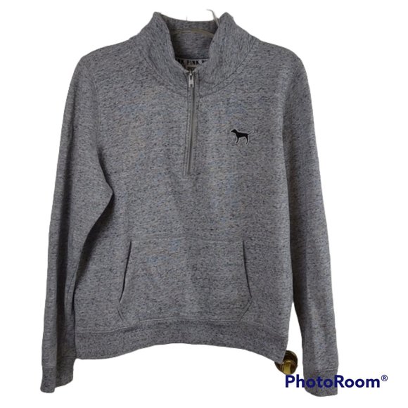 PINK Victoria's Secret Jackets & Blazers - PINK VS Logo Grey Heather 1/4 Zip LS Stand Up Collar Kangaroo Pocket Sweatshirt